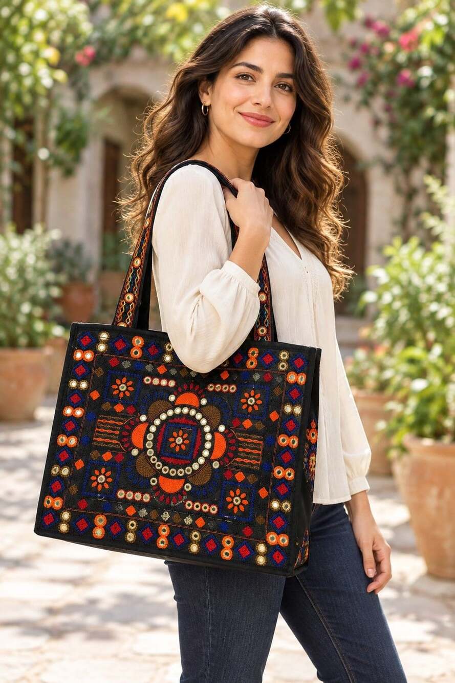 Black Embroidered Mirror Work Tote Bag Multicolor Boho Shoulder Bag